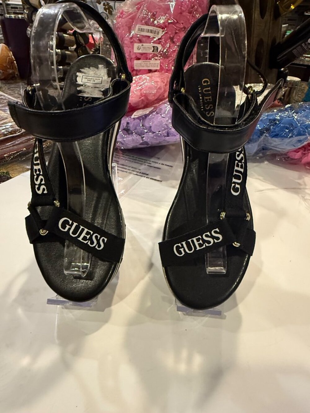 Guess Womens Black Platform Sandals With Logo Straps & Adjustable Ankle Strap Si